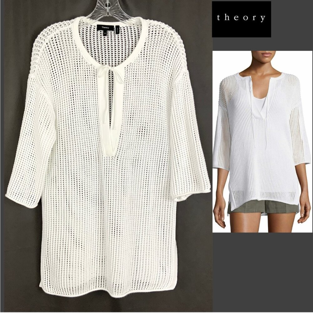 Theory White Open Knit Crochet Tunic Top Cover Up Cotton Blend Sz M - Picture 3 of 16